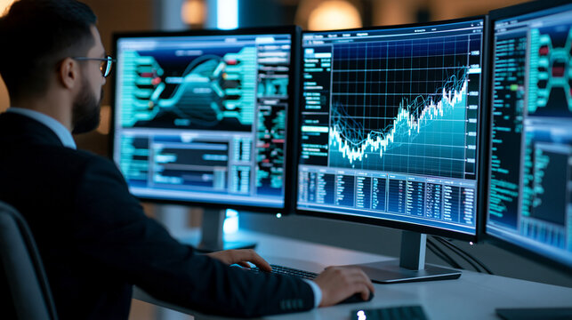 Faceless trader surrounded by curved transparent monitors displaying market data, global financial trends, investment research, predictive analytics, sophisticated dark office,