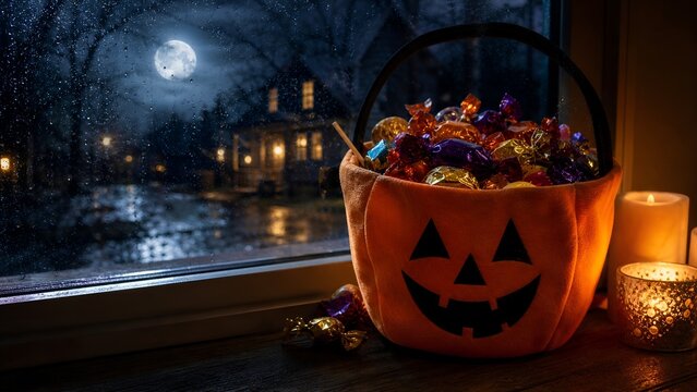 Halloween candy bag by moonlit window filled with trick or treat sweets