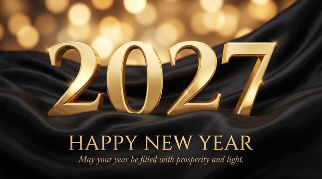 Happy new year 2027 greeting card with elegant golden numbers on a luxurious dark silk fabric background