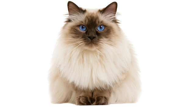 Isolated Birman cat with striking blue eyes, fluffy cream fur, sitting gracefully.