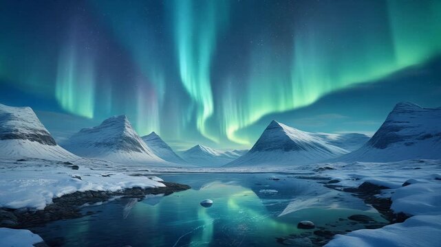 Witness the ethereal dance of vibrant aurora borealis painting the arctic sky with breathtaking hues above a tranquil, snow-dusted mountainous terrain reflecting its celestial spectacle upon
