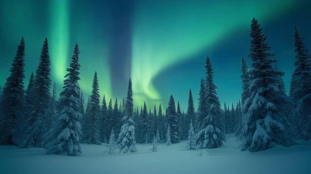 Witness the ethereal dance of vibrant green and purple aurora borealis illuminating the snow-laden branches of a dense evergreen forest under a deep twilight sky, creating a breathtaking natural