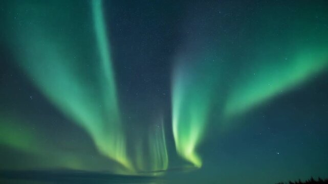 Breathtaking emerald green aurora borealis streaks dance across the vast dark expanse of the arctic night sky, illuminating the celestial heavens with vibrant cosmic light formations over
