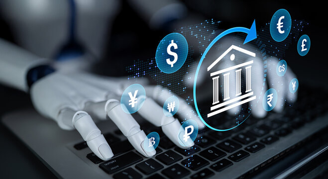 Futuristic Robot Hands Typing on Laptop with Financial Icons and Banking Symbols Hovering Over Keyboard. Sentient.
