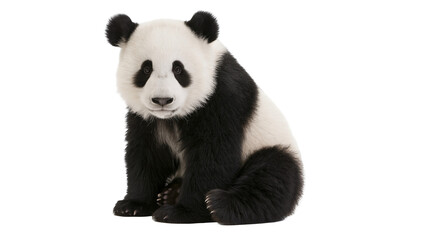 Isolated young giant panda cub sitting attentively, looking directly at the viewer © Conor