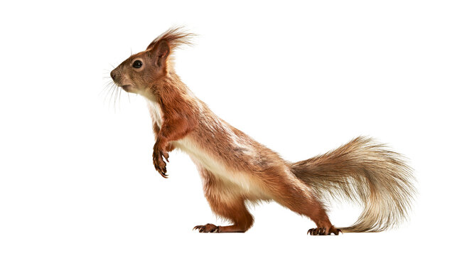 Isolated wild red squirrel standing on hind legs with fluffy tail and pointy ears
