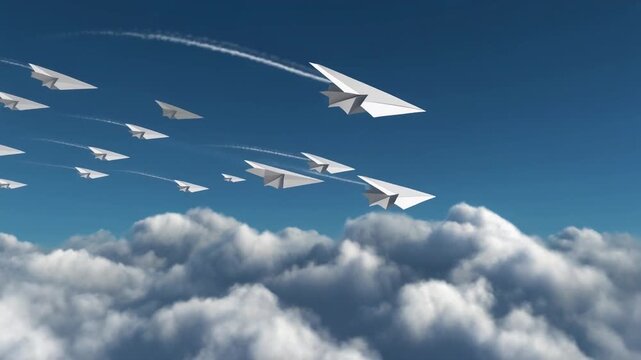 A formation of paper aeroplanes gracefully soars through a vast, expansive sky, leaving trails of white vapour against the brilliant blue expanse above fluffy cumulus clouds, symbolizing