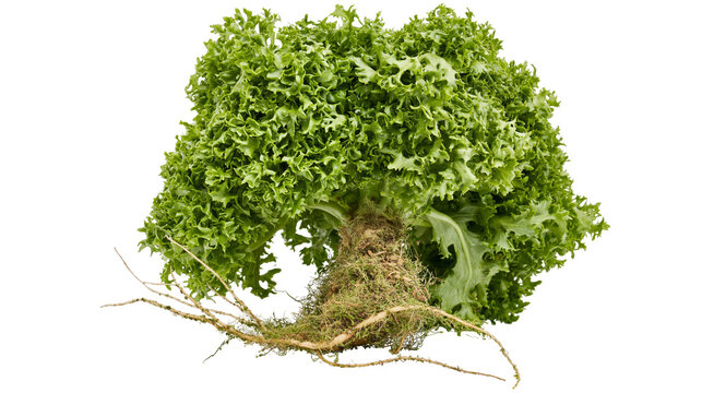 Isolated fresh organic curly endive lettuce with roots, a healthy green vegetable ingredient