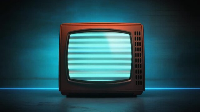 A vintage television set displays static and horizontal lines on its screen, emitting a subtle glow against a deep blue, atmospheric backdrop with illuminated lines on the floor, evoking a sense