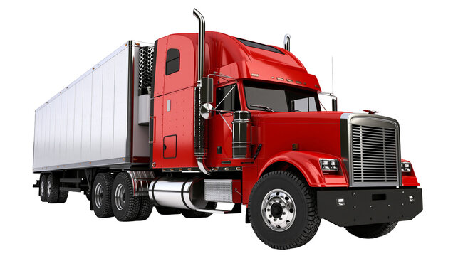 Isolated modern red semi truck with long cargo trailer for freight transportation