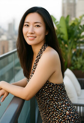 Obraz premium Work-life balance and urban lifestyle, happy asian woman relaxing on a city balcony during sunset for wellness and mental health in a modern apartment