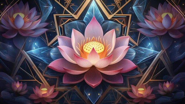 Beautifully symmetrical arrangement of luminous pink lotus blossoms unfolds with intricate geometric patterns and sparkling blue crystal formations, creating an ethereal and tranquil aesthetic