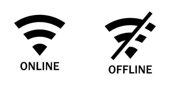 Online and offline wifi connection status icons with black signal symbols