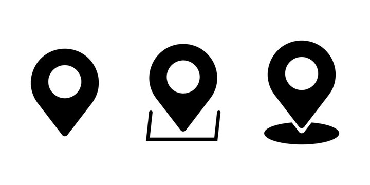 Set of three simple black map pointer location icons for navigation and travel website interface