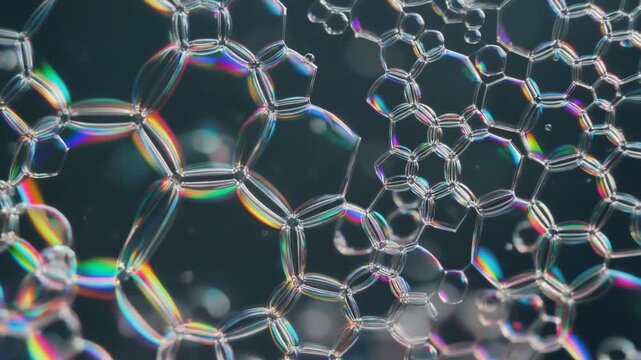 A captivating macro perspective reveals iridescent, geometric patterns formed by glistening liquid spheres, showcasing a dazzling spectrum of refracted light across their interlocking surfaces