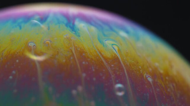 Captivating iridescent hues shimmer across the curved surface of a delicate bubble, revealing intricate fluid dynamics and mesmerizing light refractions in a visually stunning macro perspective