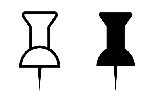 Black push pin icons set with outline and solid style for office and stationery design