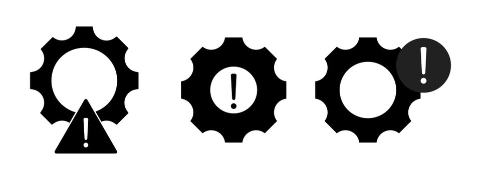 Black gear icons with exclamation mark warning signs for technical maintenance and system error