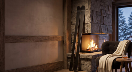 Obraz premium Cozy mountain cabin interior featuring a stone fireplace with burning fire, skis leaning against wall, and comfortable armchair by window, winter atmosphere. Luxury lodge