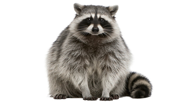 Isolated fluffy raccoon sitting attentively, curious gaze, adorable wild forest animal, full body portrait.