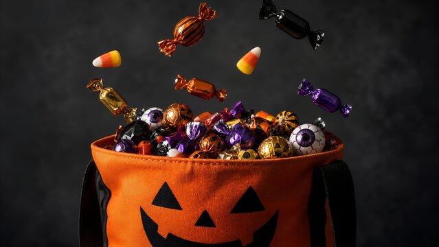 Halloween candy bag filled with assorted sweets on dark background