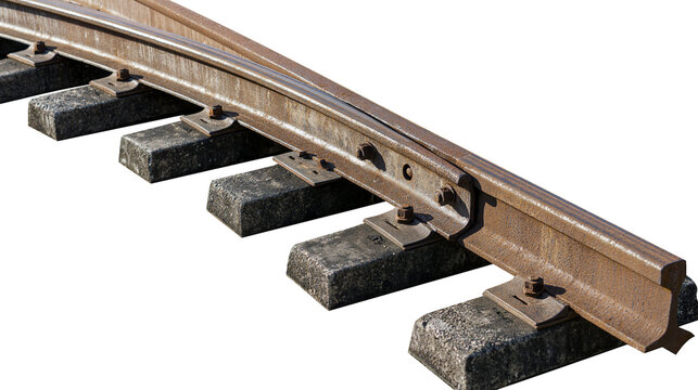 Isolated old rusty railway track section with concrete sleepers and metal fasteners