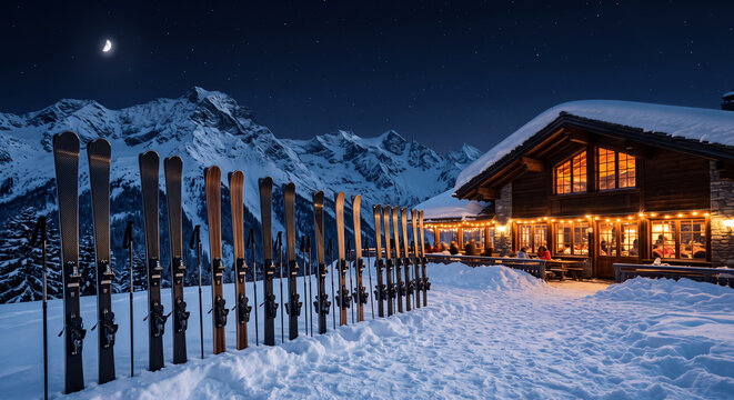 Skis and poles standing in snow outside a cozy mountain chalet at night, snowy alpine peaks under a starry sky. Winter travel, apr s ski, winter tourism.