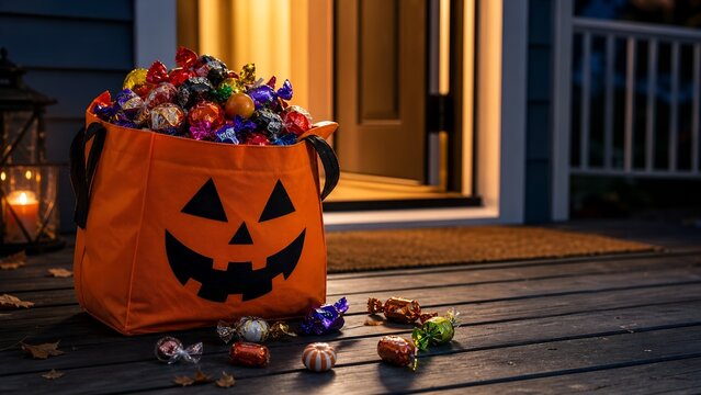 Halloween candy bag overflowing with sweets on front porch