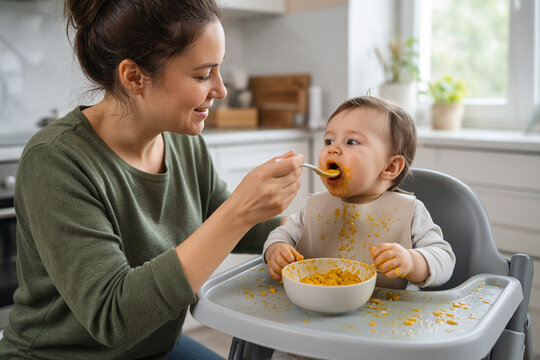 mamma che da la pappa ad un neonato svezzamento