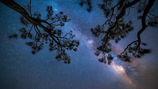 Beneath a vast celestial canvas, silhouetted pine branches reach towards the ethereal glow of the Milky Way galaxy stretching across the deep blue twilight sky, inspiring wonder