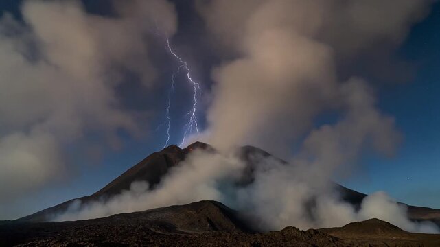 A powerful lightning bolt illuminates the stormy skies above a smoking volcanic peak, showcasing the raw, untamed forces of nature during a dramatic nighttime eruption