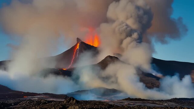Fiery volcanic eruption showcases molten lava cascading down a towering peak under a dramatic sky, emitting thick plumes of ash and steam into the atmosphere creating a powerful display