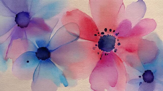 Vibrant watercolor blossoms display a delicate blend of pink, purple, and blue hues with soft petal edges, evoking a gentle spring garden atmosphere ideal for artistic decoration and vibrant