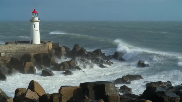 A resilient lighthouse stands guard on a rocky shoreline as powerful ocean waves crash against the stone fortifications under a dramatic, overcast sky, conveying a sense of enduring strength