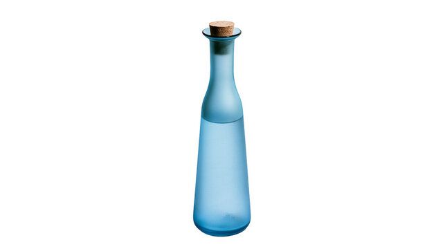 Isolated light blue glass bottle with cork stopper, half-filled with refreshing clear water.