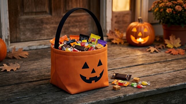 Halloween candy bag on wooden porch filled with assorted trick or treat sweets