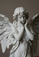 Obraz premium Grief and mourning concept, marble angel statue with hands on face expressing sorrow and loss in a cemetery or memorial setting for funeral services