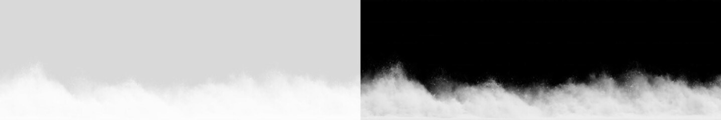 Obraz premium Blowing snow powder border and winter ground fog overlay. Drifting snowstorm mist and frost particles isolated on transparent PNG and black background.