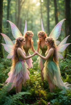 Fantasy magic and ethereal nature, group of forest fairies holding hands in a mystical woodland clearing with soft sunlight and iridescent wings