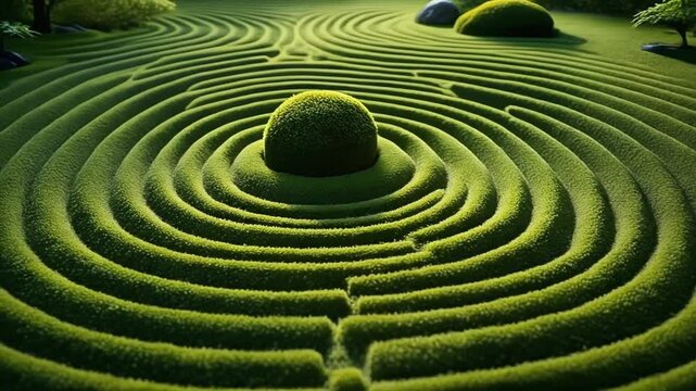 Serene and meticulously raked green grassy patterns create a tranquil and meditative Zen garden landscape, evoking peace and contemplation with a central spherical bush bathed in warm, soft