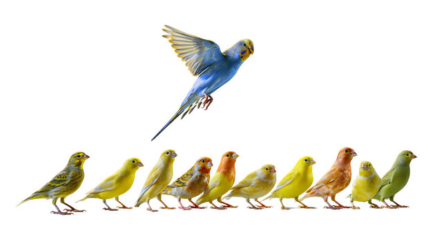 Isolated blue budgerigar flying above a line of diverse colored canaries and songbirds.