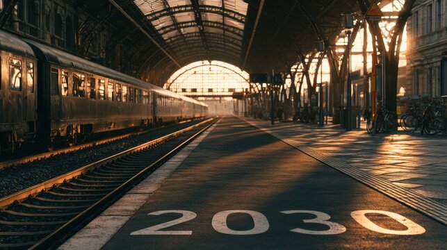 Commuters wait on a train station platform showing the number 2030 as morning light enhances the dramatic station structure above.