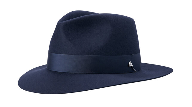 Isolated dark blue felt fedora hat with elegant grosgrain ribbon band and subtle metallic pin.