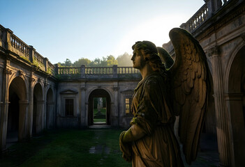 Obraz premium Heritage conservation and historical preservation, weathered angel statue in an abandoned courtyard with classical architecture and morning sunlight