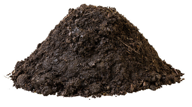 Isolated heap of dark organic soil, fresh compost material for gardening and healthy plant growth
