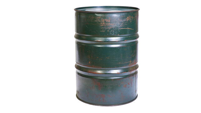 Isolated old weathered dark green industrial steel drum with rust and distressed texture