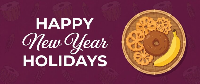 Sinhala Tamil New Year Banner with traditional Sri Lankan festival sweets, Kavum, Kokis, banana in woven basket, greeting text Happy New Year Holidays on purple background for festive celebration desi