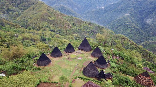 High angle aerial view of Mbaru Niang cone houses in Wae Rebo village Flores