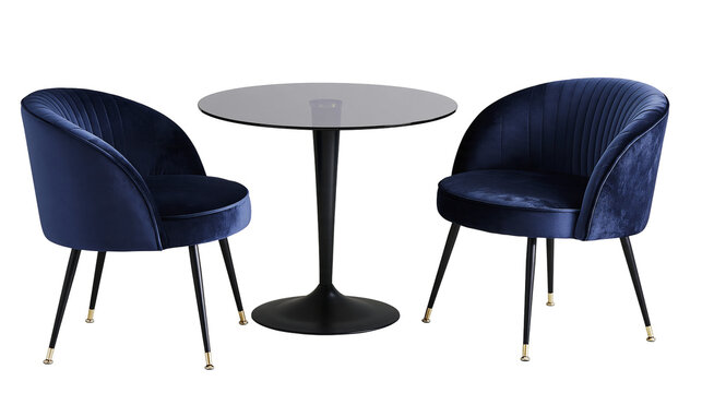 Isolated two stylish blue velvet armchairs and a modern round glass top dining table, furniture.