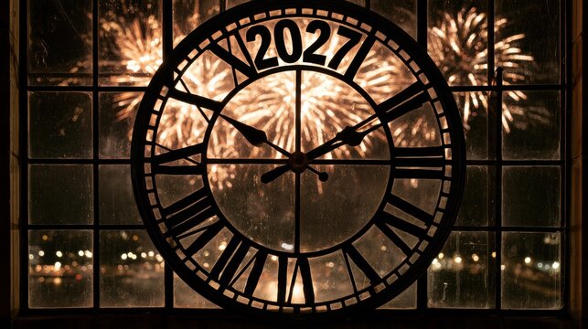 A countdown clock shows the year 2027 at midnight as fireworks explode outside the window. People celebrate the new year.